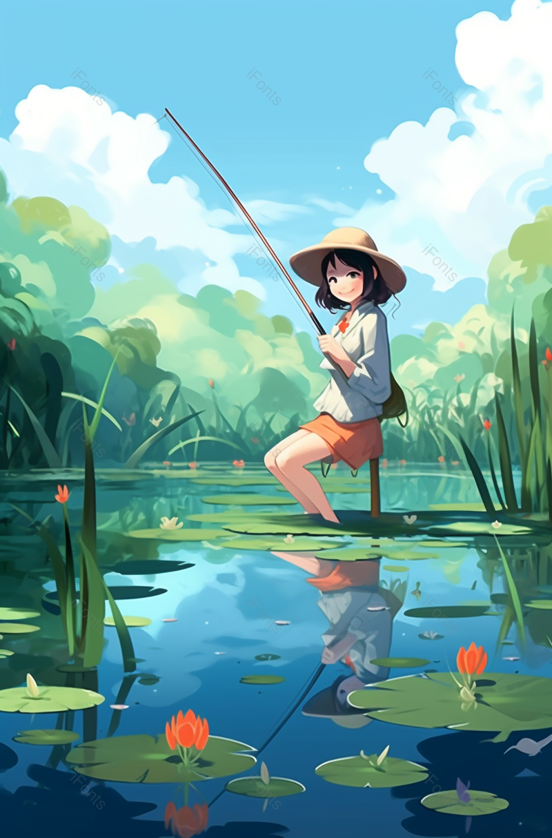 夏天季节蓝天白云下女孩在长着荷叶的池塘中钓鱼玩耍手绘插画画面,插画/手绘图,插画/手绘图库,插画/手绘图下载,插画/手绘
